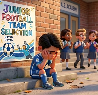 Sad young boy in a blue soccer uniform sitting near a junior football team selection poster.