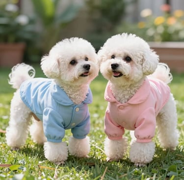 Dos perros Bichón Frisé blancos y esponjosos, con lindas chaquetas azules y rosas para mascotas, de 