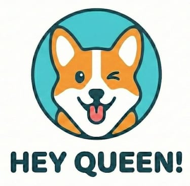 Un lindo logotipo de Corgi guiñando un ojo con el texto "Hey Queen" debajo sobre un fondo de círculo