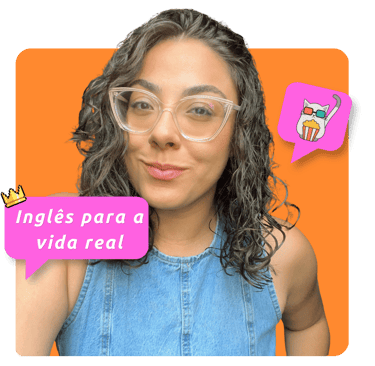mulher com cabelos ondulados, sorrindo. Dizeres aobre inglês reaL e elementos de entretenimento