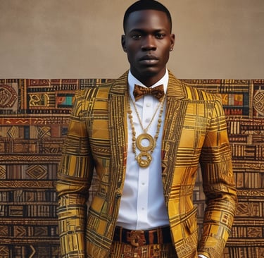 A striking portrait of a confident African man wearing a tailored kente jacket with gold accents against a deep black background.