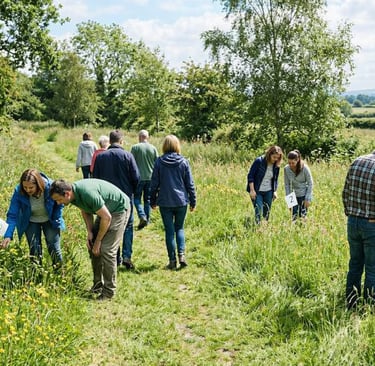 people on a native wildflower hunt as part of a sustainable corporate biodiversity event