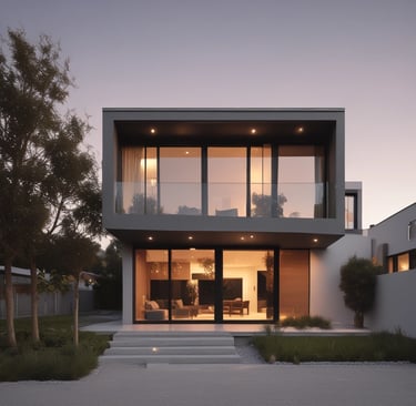 Front view of a cozy two-story house with a small garden.