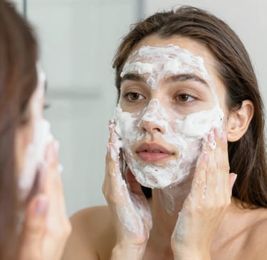 Garnier hand cream and nivea lip balm on glass table