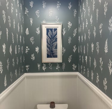 Half bath after DIY wall stenciling, budget bathroom makeover under $50