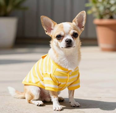 Un pequeño cachorro de chihuahua de color marrón claro y blanco, con una camiseta de perro a rayas