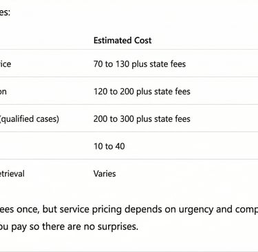 Pricing table for standard, rush, and same-day apostille services, including estimated costs and tur