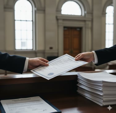 Massachusetts birth certificate apostille being submitted at a government office desk in Boston.