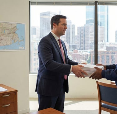 Client preparing Massachusetts documents for apostille at One Ashburton Place in Boston