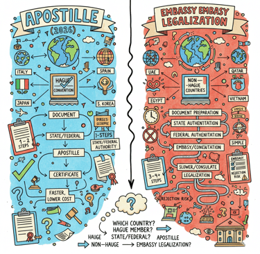 Infographic explaining the difference between Apostille and Embassy Legalization in 2026. Features i