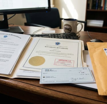Massachusetts apostille cost showing six dollar state fee and courier service envelope