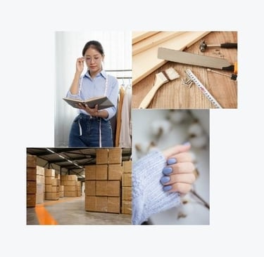 Colab com imagens de quatro profissões: corte e costura, marcenaria, logística e manicure