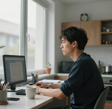 A cozy workspace with a laptop, notebook, and a cup of coffee, inviting creativity.