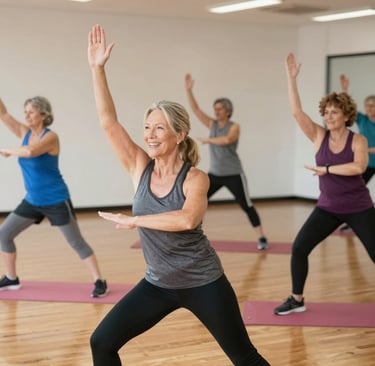 Coach gently guiding a smiling client through a stretching exercise in a bright, airy studio.