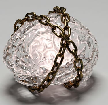 A glass human brain cover with chains