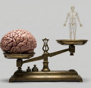 a scale with a brain and a body, tipped towards the brain