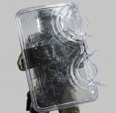 a man in a gas mask using a glass shield