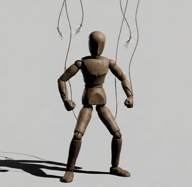 a wooden doll breaking his strings
