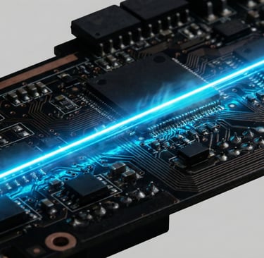 a computer motherboard with a blue light coming out of it