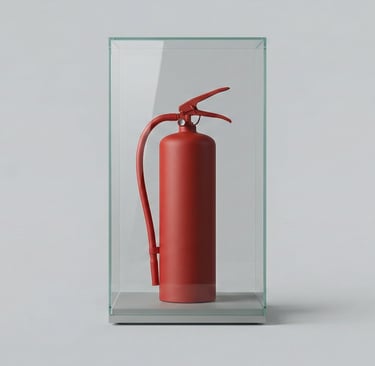 a red fire extinguise in a glass case
