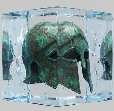 a helmeted helmet on a clear glass block