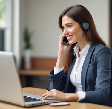 A friendly professional at a desk with a laptop and headset, ready to assist with security and training inquiries.
