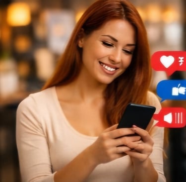 Kobieta przegląda telefon, a obok pojawiają się ikony powiadomień z mediów społecznościowych.