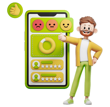 3D character showing website results with SEO and web design