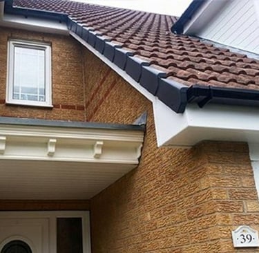 Roofing Services Yorkshire. Fascias, soffits and guttering on the front of a house