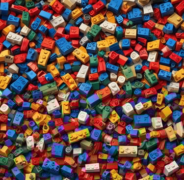 A colorful overhead pile of assorted plastic building blocks and interlocking toy bricks for creative play.