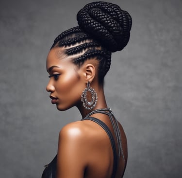 Close-up of intricately braided hair with olive green accents under soft lighting.