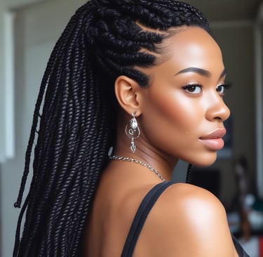 Side profile of a woman with long, sleek braids cascading over her shoulder in natural light.