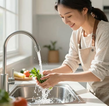 Elegant modern kitchen with a sleek water filtration system installed under the sink