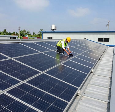 A bright rooftop solar panel installation shining under a clear blue sky.