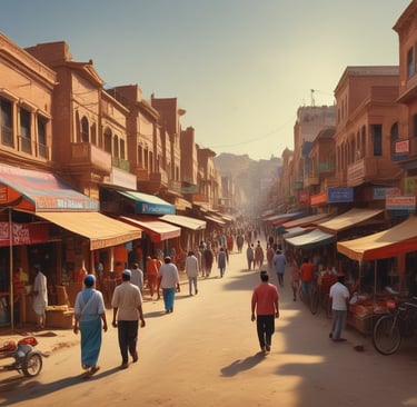A bustling commercial market area with shops and offices in Barmer.