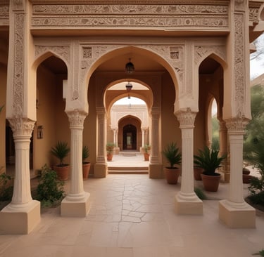 A serene villa with traditional Rajasthani architecture surrounded by desert landscape in Jodhpur.