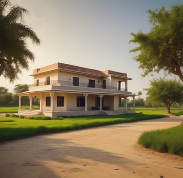 A lush green farmhouse with open fields and a rustic charm near Barmer.