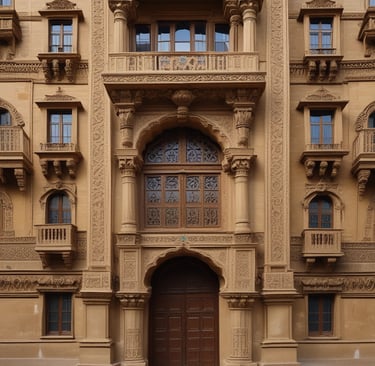 Modern commercial building facade with glass windows in Jaisalmer.