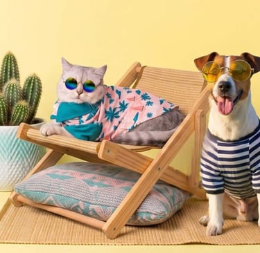 Un elegante gato y un perro con gafas de sol y ropa de verano posan en sillas de playa junto