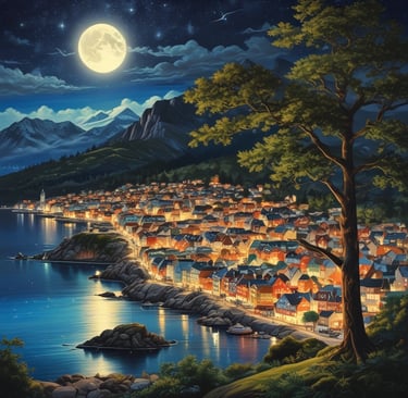 Scenic coastal town at night with glowing lights under a full moon and starry sky.