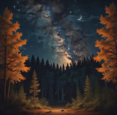 A vibrant Milky Way galaxy and crescent moon over a dark forest with glowing orange autumn trees.