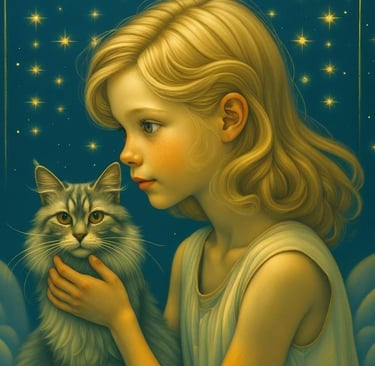 Fantasy book cover of Flickering Star Cat featuring a blonde girl holding a fluffy grey cat under a starry sky.