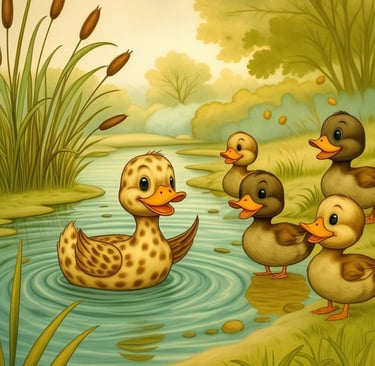 A group of cute cartoon ducklings swimming in a pond surrounded by cattails and trees.
