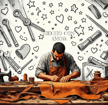 Artesano talabartero mexicano, elaborando productos hechos a mano con herramientas y bocetos