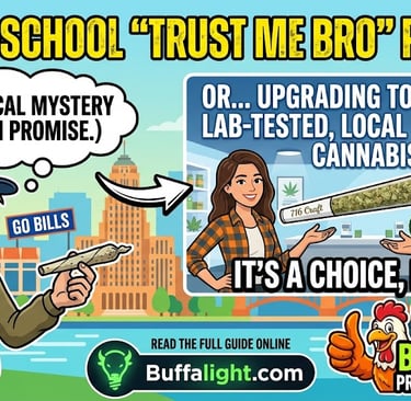 Cartoon comparing old school mystery pre-rolls to premium lab-tested local cannabis in Buffalo NY.