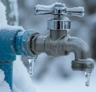 Outdoor garden tap frozen in winter with ice forming around the tap.