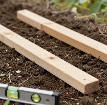 Leveling garden soil with wooden beams and a spirit level to prepare an even surface for turf or gra