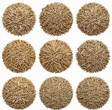 Comparison of different grass seed varieties shown in small piles, highlighting differences in seed 