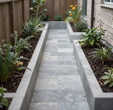garden path with raised flower beds