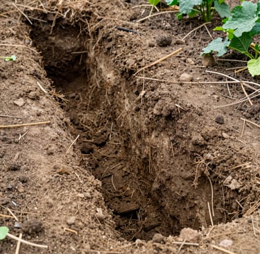 Garden trench dug for irrigation system installation, ready for placing underground watering pipes.